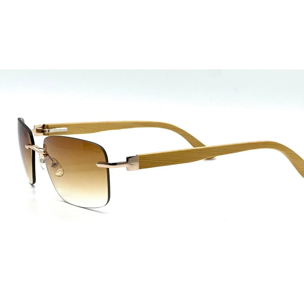 Rimless Sunglasses Wood Grain Arms Brown Gradient Lens Lightweight Fashion Gafas